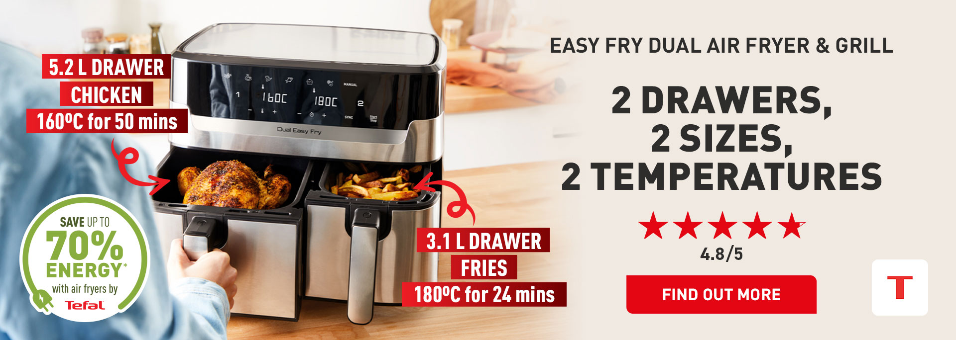 EasyFry Dual air fryer and grill - 2 drawers, 2 sizes, 2 temperatures - Find out more